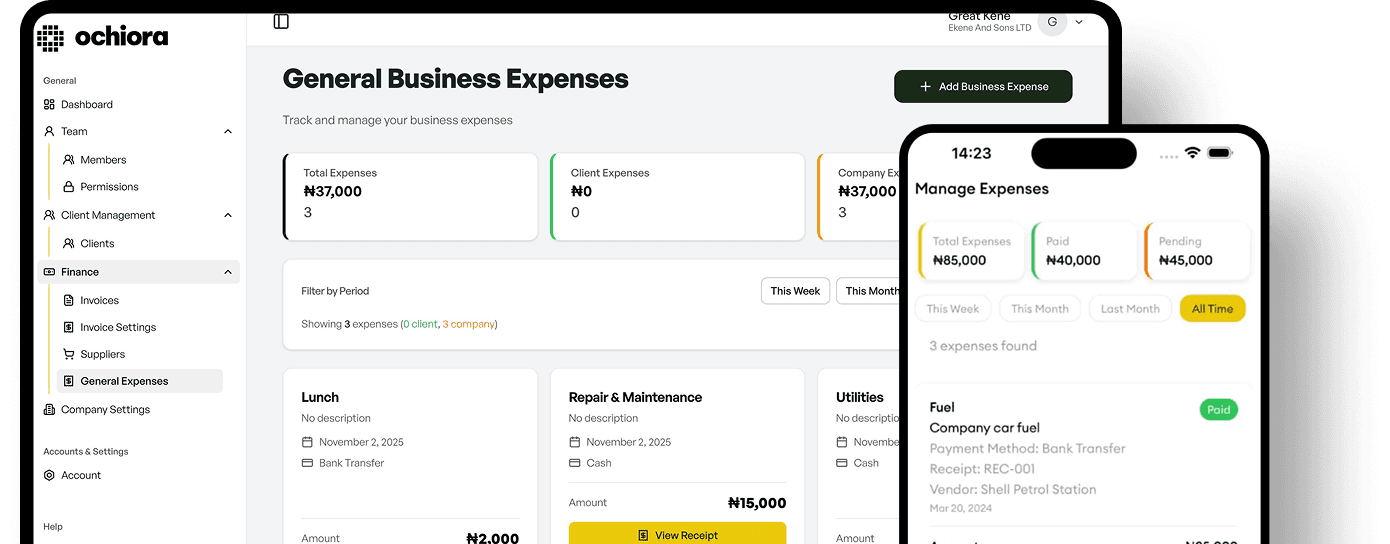 Ochiora business management platform showing expense tracking on desktop and mobile