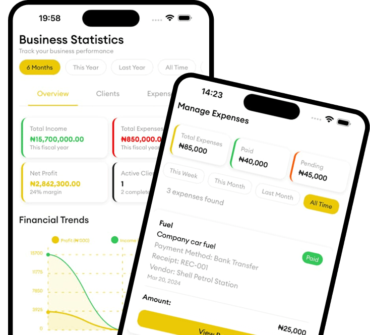 Mobile app interface showing business management features